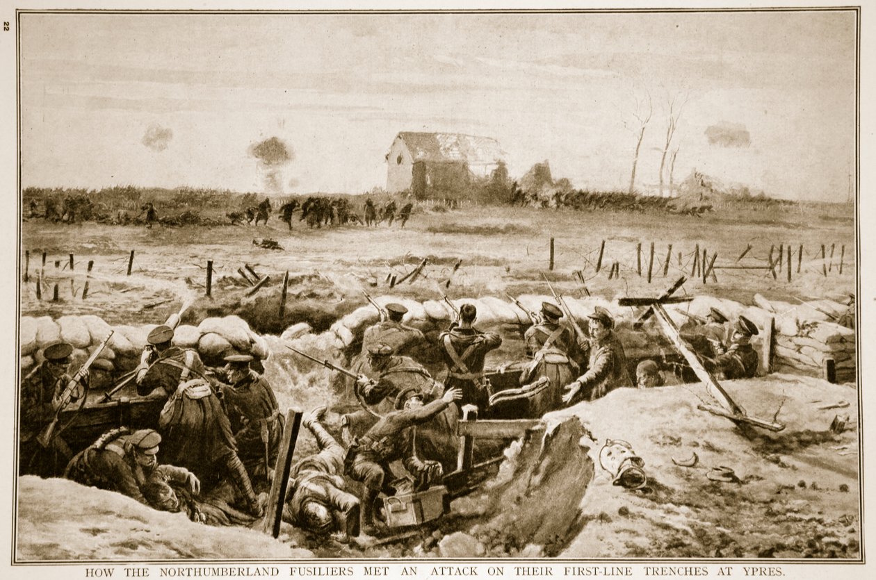नॉर्थम्बरलैंड फ्यूसिलर्स कैसे Ypres, 1914-19 में अपनी पहली पंक्ति की खाइयों पर एक हमले से मिले द्वारा अंग्रेजी स्कूल