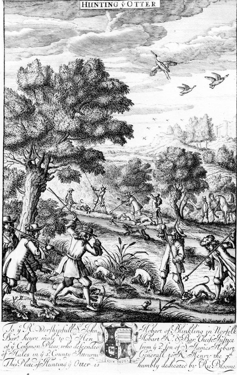 1686 में रिचर्ड ब्लोम द्वारा प्रकाशित &39;द जेंटलमैन रिक्रिएशन&39; से ओटर का शिकार द्वारा अंग्रेजी स्कूल