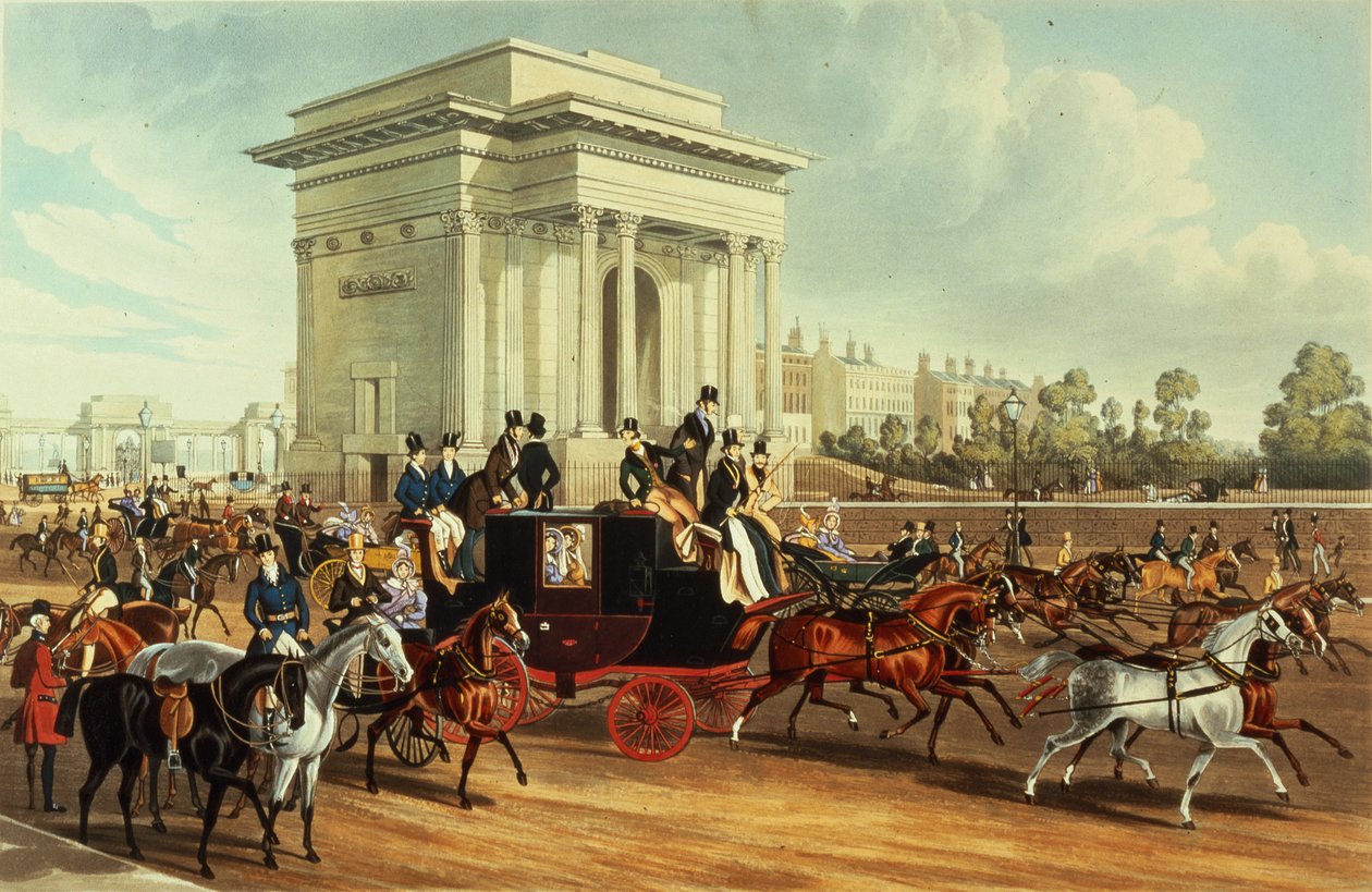 हाइड पार्क कॉर्नर, जेम्स पोलार्ड के बाद, एकरमैन द्वारा प्रकाशित, 1836 (जलीय) द्वारा अंग्रेजी स्कूल