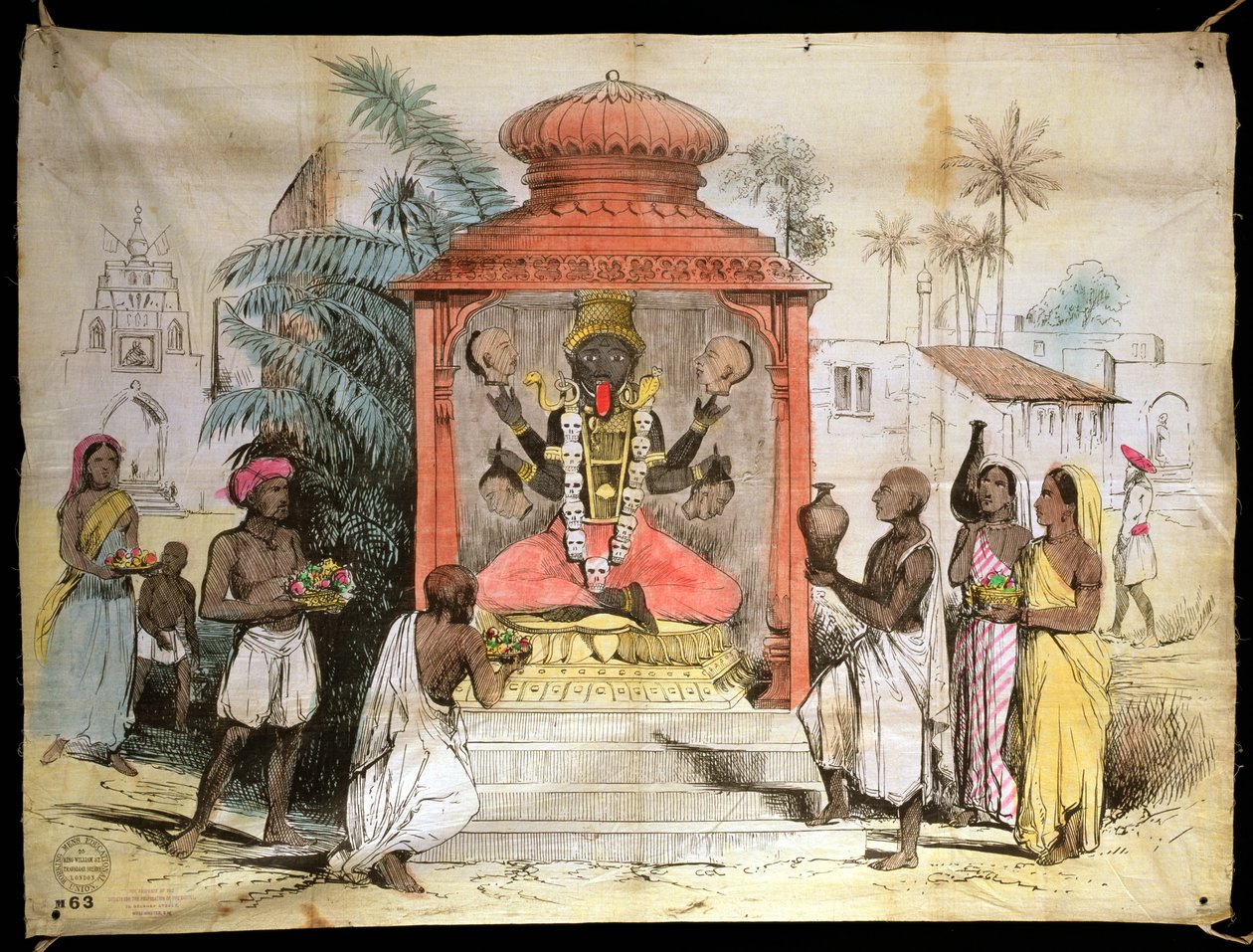 भारत, चित्र और काली की पूजा, c.1850 (स्याही और कपड़े पर washes) द्वारा अंग्रेजी स्कूल