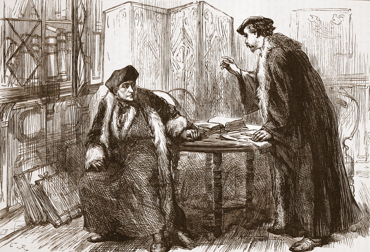 इरास्मस और केल्विन के बीच साक्षात्कार, जेम्स एइटकेन वायली (1808-1890), पब द्वारा प्रोटेस्टेंटवाद के इतिहास से दृष्टांत 1878 द्वारा अंग्रेजी स्कूल