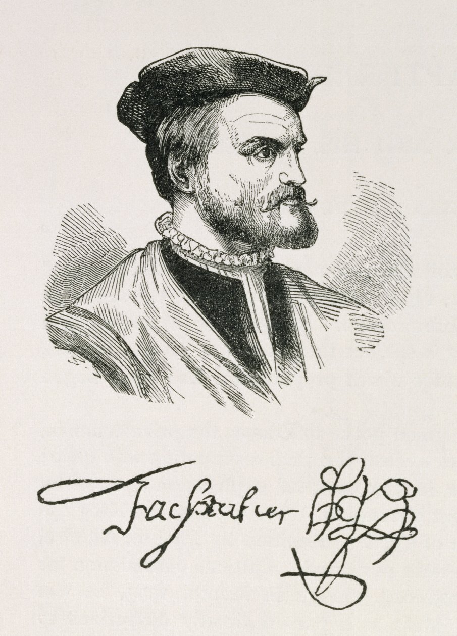 जैक्स कार्टियर (1491-1557) &39;नैरेटिव एंड क्रिटिकल हिस्ट्री ऑफ़ अमेरिका&39; के वॉल्यूम IV से चित्रण, 1886 द्वारा अंग्रेजी स्कूल