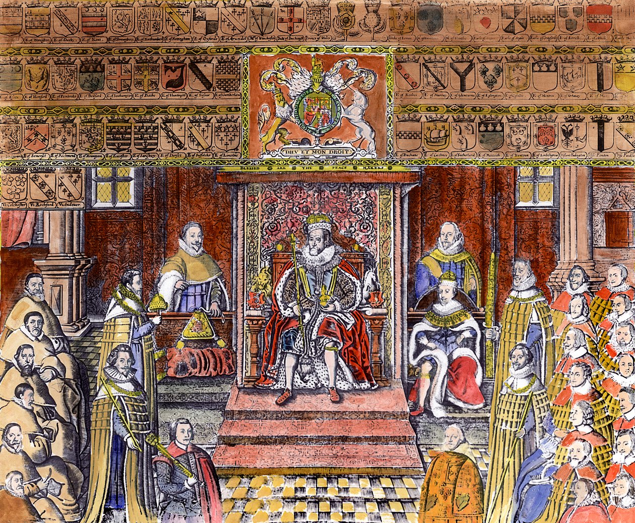 कोर्ट में इंग्लैंड का जेम्स I (1566-1625), (उत्कीर्णन) (बाद में उपनिवेश) द्वारा अंग्रेजी स्कूल