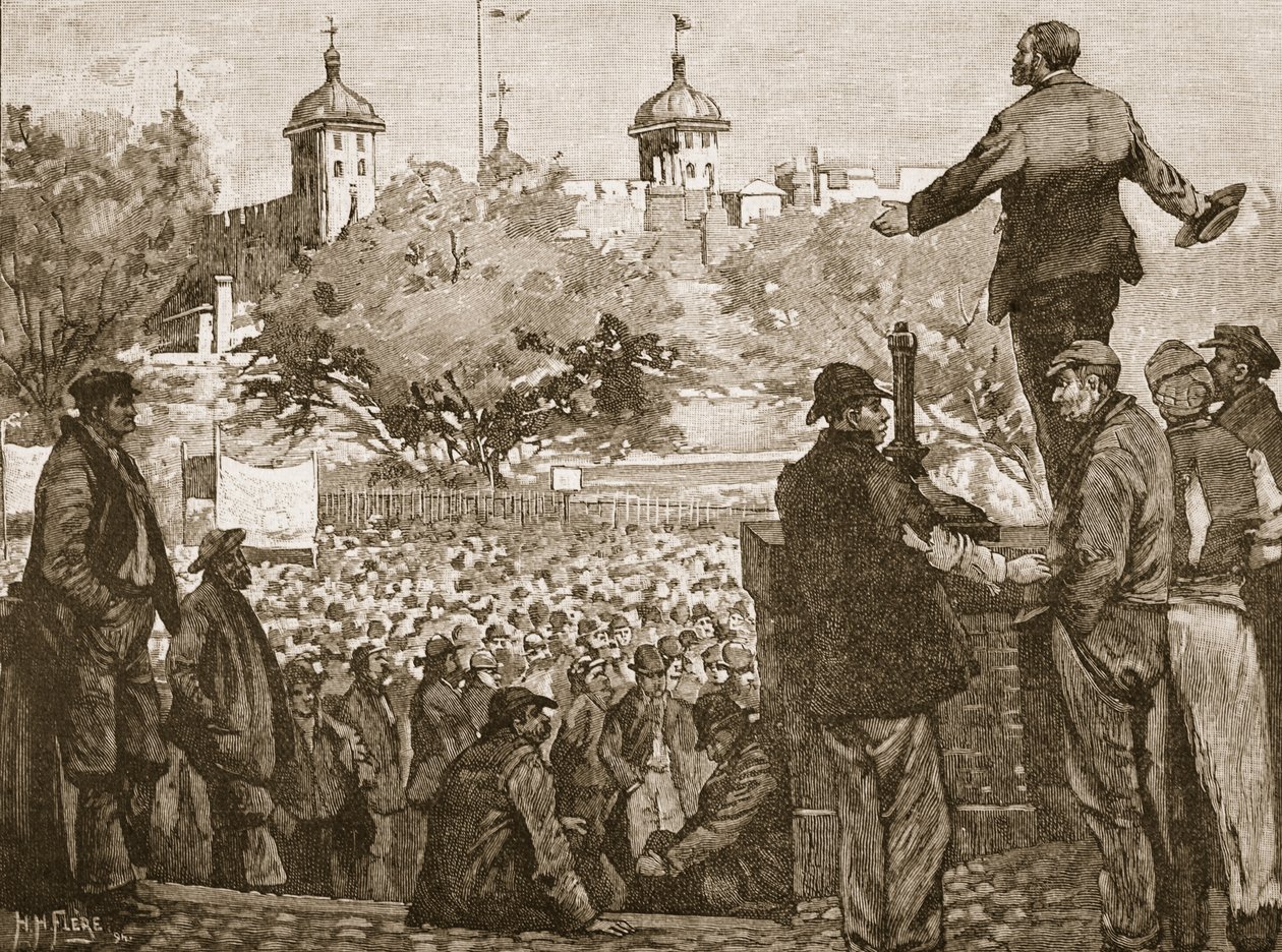 जॉन बर्न्स ने टॉवर हिल, 1889 में डॉकर्स की एक बैठक को संबोधित करते हुए, इंग्लैंड के कैसल्स इलस्ट्रेटेड हिस्ट्री (सेपिया फोटो) से चित्र द्वारा अंग्रेजी स्कूल