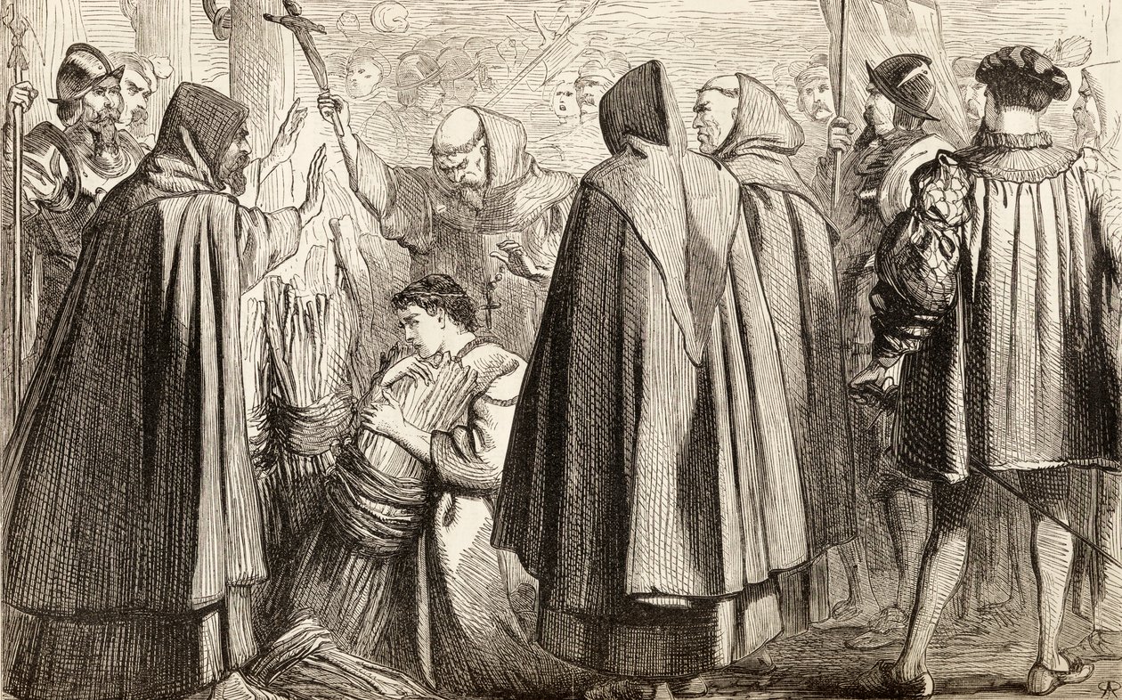 जॉन फ्रिथ 1533 में विधर्म के लिए दांव पर जलाए जाने के बारे में, c.1865 (लकड़ी की नक्काशी) द्वारा अंग्रेजी स्कूल