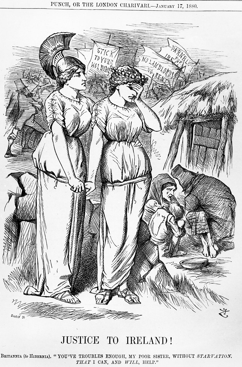 जस्टिस टू आयरलैंड !, पंच, 17 जनवरी, 1880 को जोसेफ स्वैन द्वारा उत्कीर्ण द्वारा अंग्रेजी स्कूल