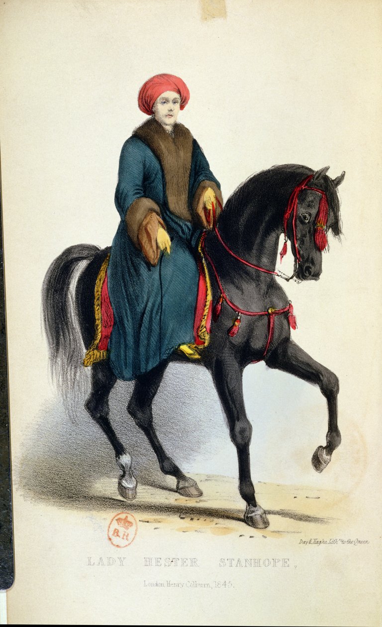 लेडी हेस्टर लुसी स्टैनहोप (1776-1839) अरबी पोशाक में, उनके संस्मरण, लंदन, 1845 से चित्रण (रंग उत्कीर्णन) द्वारा अंग्रेजी स्कूल
