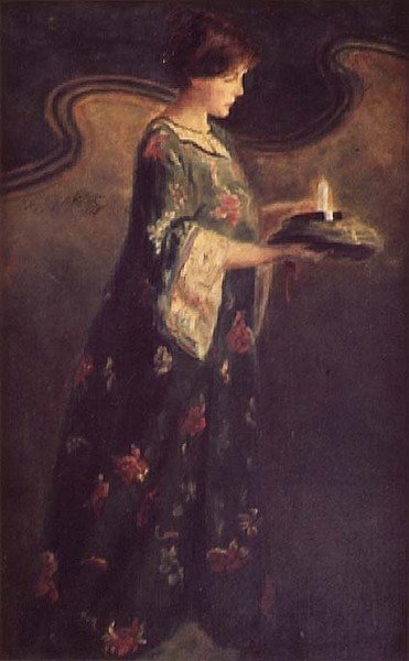 एक मोमबत्ती के साथ महिला, c.1890 द्वारा अंग्रेजी स्कूल