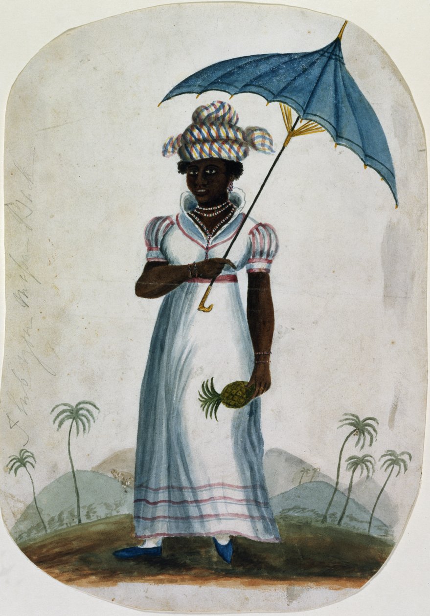 लेडी विद अ पैरासोल और पाइनएप्पल, c.1840 (wc पेपर पर) द्वारा अंग्रेजी स्कूल