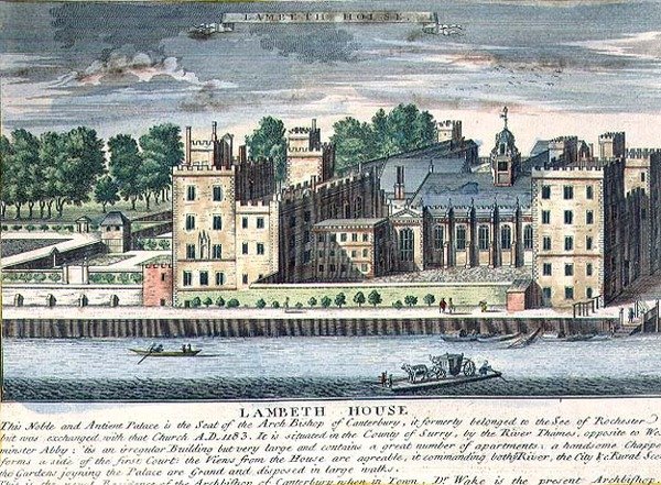 लैम्बेथ हाउस, कैंटरबरी के आर्कबिशप का निवास, c.1715-37 (उत्कीर्णन) द्वारा अंग्रेजी स्कूल
