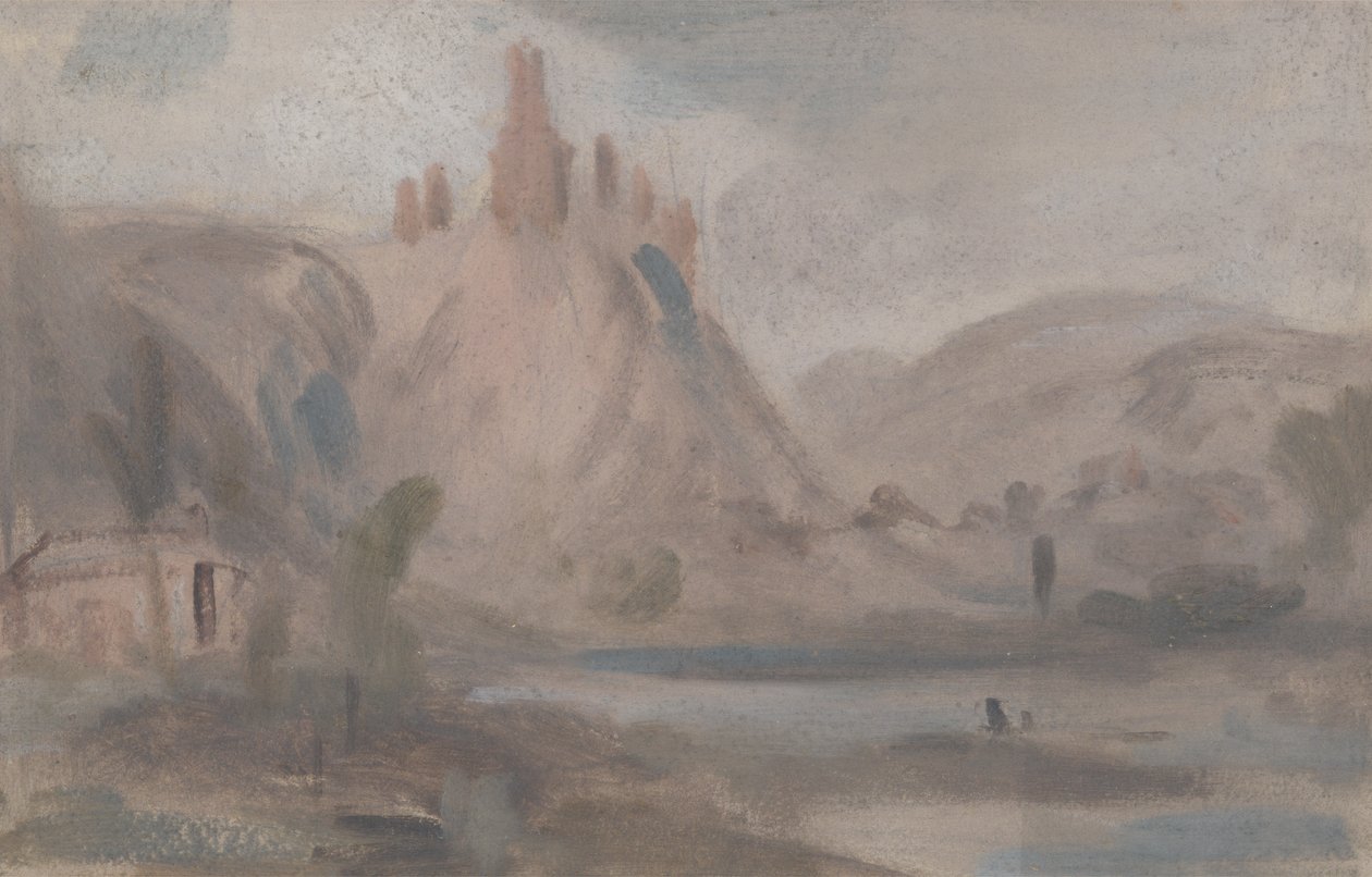 हिल पर एक महल के साथ लैंडस्केप, पहले जेएमडब्ल्यू टर्नर (1775-1851) को जिम्मेदार ठहराया और पीटर डे विन्ट (1784-1849) को भी जिम्मेदार ठहराया (कागज पर तेल) द्वारा अंग्रेजी स्कूल