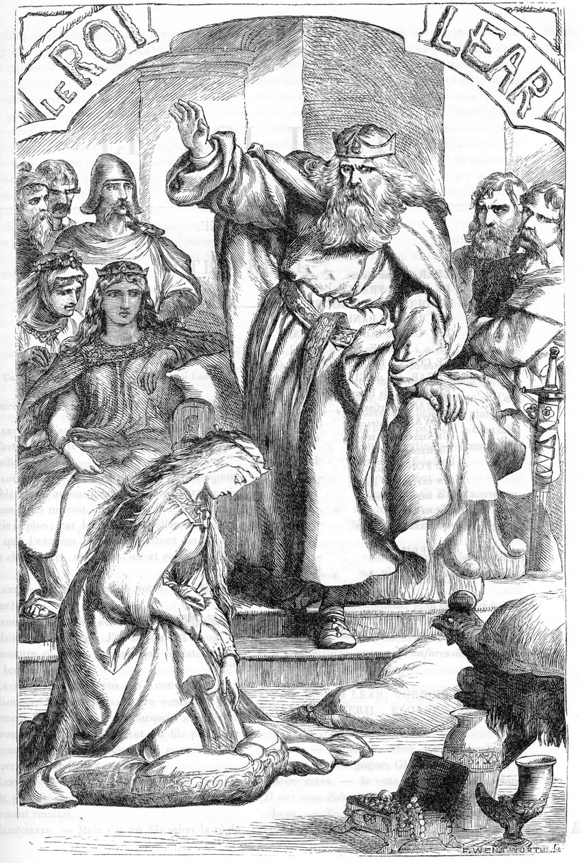 ले रोई लियर - (किंग लियर) - 1866 में "" वर्क्स कम्प्लीट बाय विलियम शेक्सपियर" में चित्रण - इस संस्करण के चित्र और सामान्य रूप लंदन में प्रकाशित कैसेल के सचित्र शेक्सपियर से उधार लिए गए हैं द्वारा अंग्रेजी स्कूल