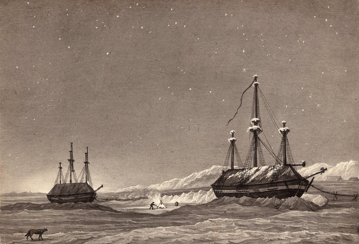 लेफ्टिनेंट विलियम पैरी की पहली यात्रा: HMS Hecla और HMS ग्रिपर विंटर हार्बर में, c.1819 (कलम और स्याही और कागज पर धोएं) द्वारा अंग्रेजी स्कूल