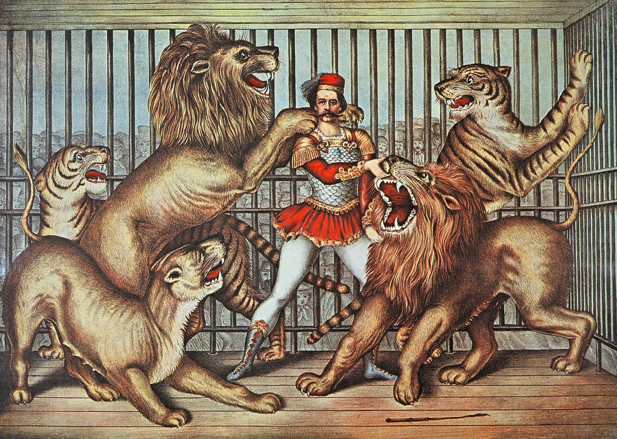 लायन टैमर, c.1880 (कलर लिथो) द्वारा अंग्रेजी स्कूल