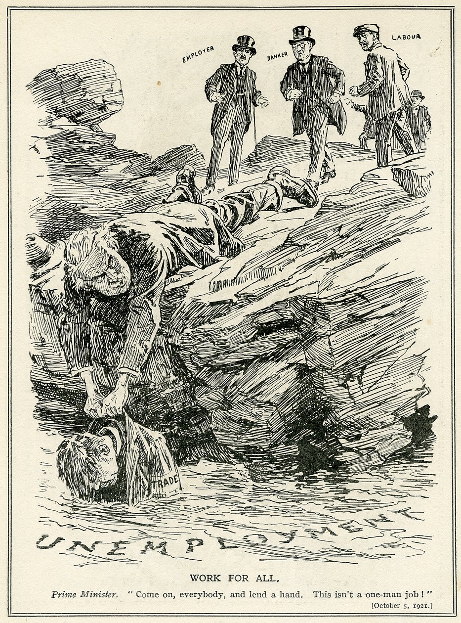 लॉयड जॉर्ज ने नियोक्ताओं, बैंकरों और श्रमिकों से कहा कि वे बेरोजगारी, 1921 को हराने के लिए सहयोग करें द्वारा अंग्रेजी स्कूल