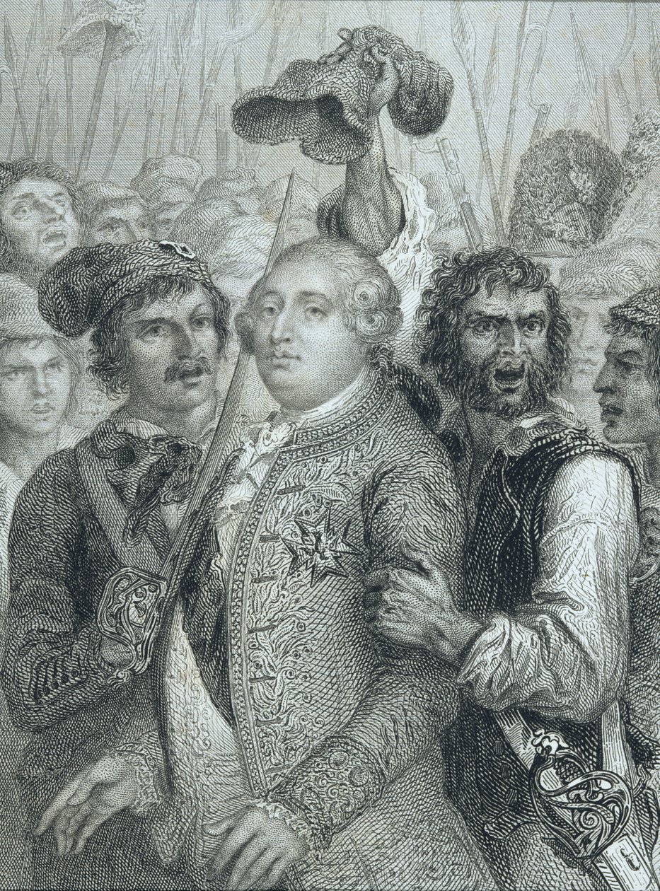 लुई XVI (1754-93), फ्रांस के राजा, 20 जून 1792 को ट्यूलरीज पैलेस से लोगों द्वारा लिया गया द्वारा अंग्रेजी स्कूल