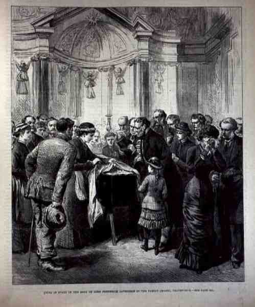 स्टेट में झूठ बोलना, लॉर्ड फ्रेडरिक कैवेंडिश की बॉडी (1836-82) द इलस्ट्रेटेड लंदन न्यूज़ से फैमिली चैपल, चैटस्वर्थ में, 20 मई 1882 द्वारा अंग्रेजी स्कूल
