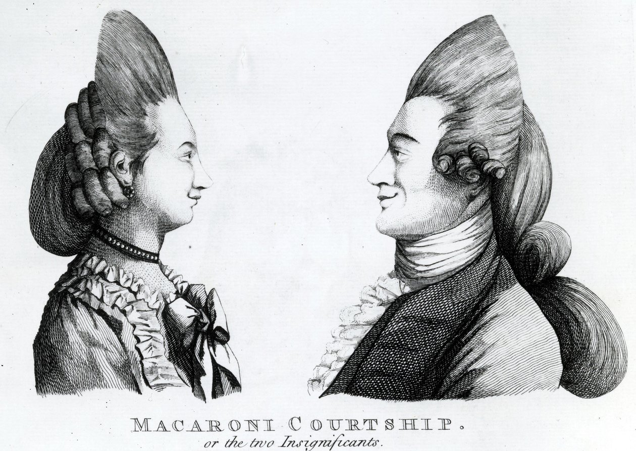 मैकारोनी कोर्टशिप, या एम। डार्ली, 1772 (मेज़ोटिन्ट) द्वारा प्रकाशित दो महत्वकांक्षी द्वारा अंग्रेजी स्कूल