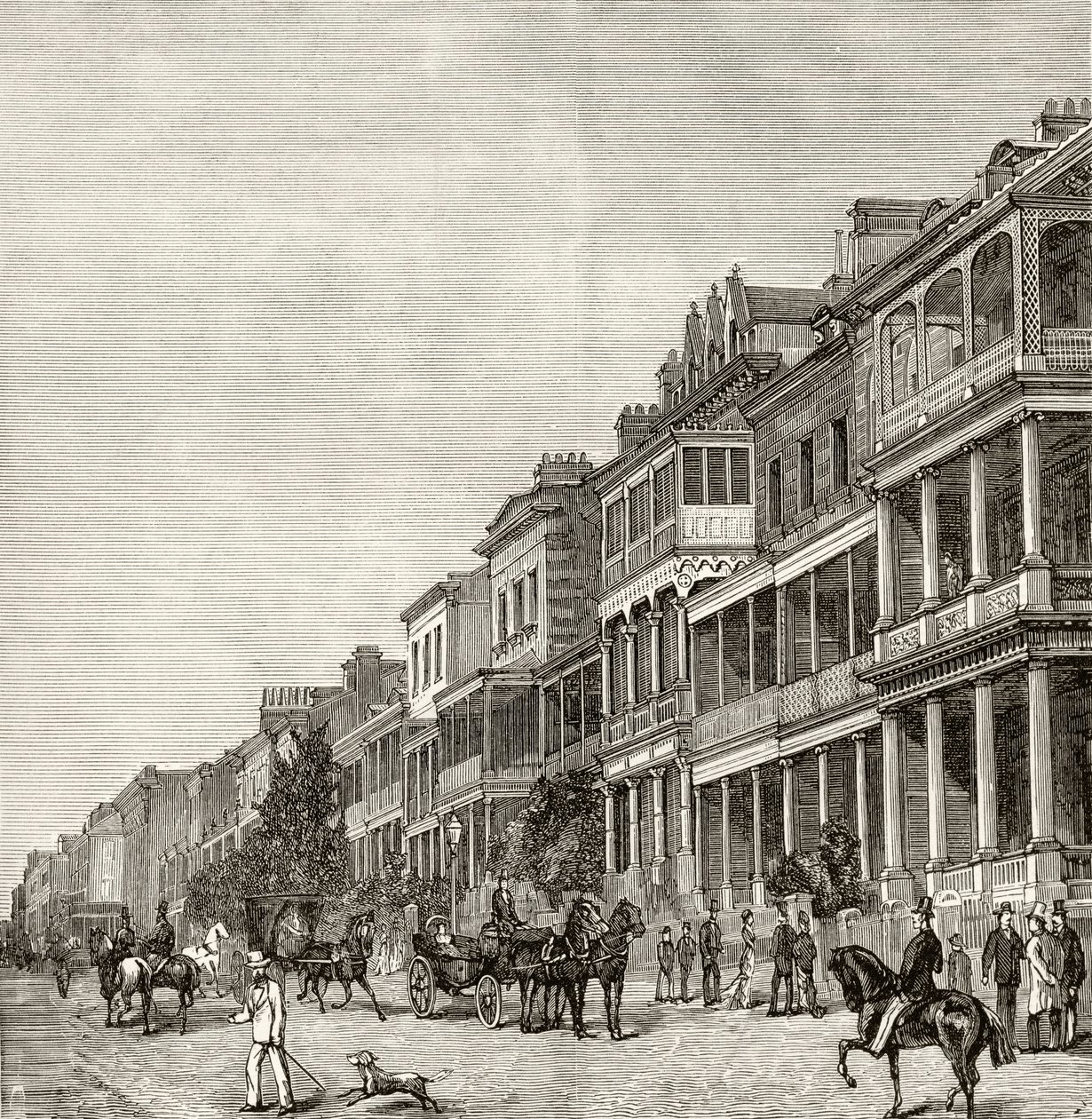 मैक्वेरी स्ट्रीट, सिडनी, सी .1880, हावर्ड विलोबी द्वारा &39;ऑस्ट्रेलियन पिक्चर्स&39; से, धार्मिक ट्रैक्ट सोसायटी, लंदन, 1886 द्वारा प्रकाशित द्वारा अंग्रेजी स्कूल