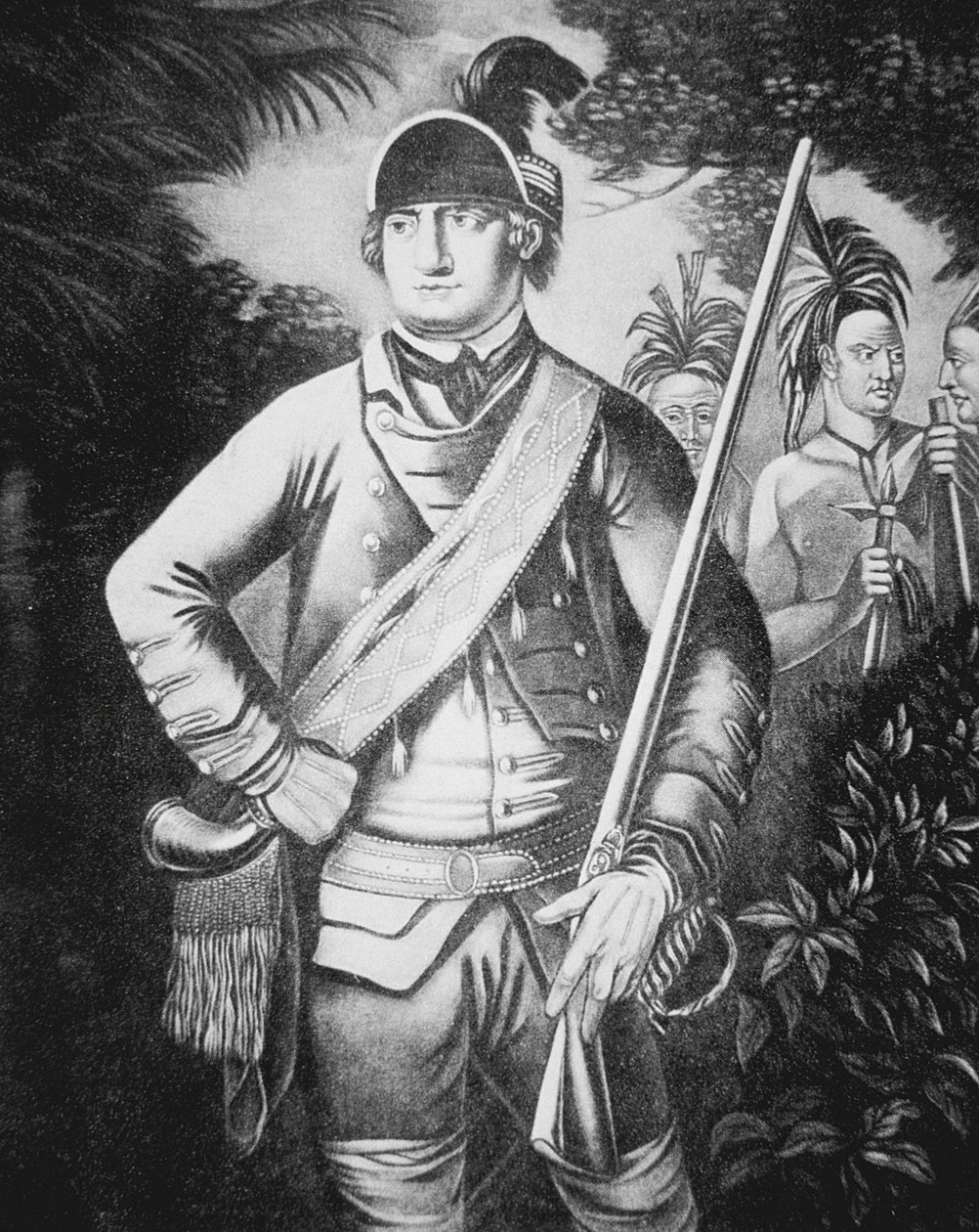 1755-63 के फ्रांसीसी और भारतीय युद्ध के दौरान ब्रिटिश कारण में 'रोजर्स रेंजर्स' के कमांडर मेजर रॉबर्ट रोजर्स (लिथो) द्वारा अंग्रेजी स्कूल