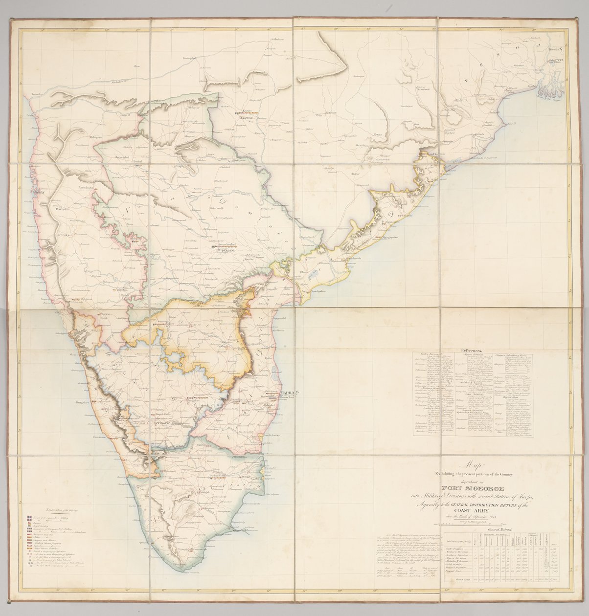 फोर्ट सेंट जॉर्ज पर निर्भर देश के वर्तमान विभाजन को सैनिकों के कई स्टेशनों के साथ सैन्य डिवीजनों में प्रदर्शित करने वाला नक्शा द्वारा अंग्रेजी स्कूल