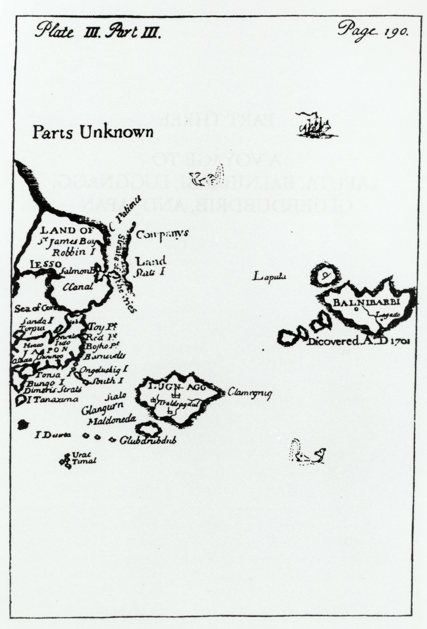 जोनाथन स्विफ्ट द्वारा गुलिवर्स ट्रेवल्स का मानचित्र (1667-1745) द्वारा अंग्रेजी स्कूल