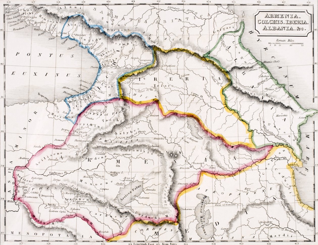 आर्मेनिया का नक्शा, कोलंबस, इबेरिया और अल्बानिया, &39;द एटलस ऑफ़ प्राचीन भूगोल&39; से, शमूएल बटलर द्वारा, लंदन में प्रकाशित, c.1829 (रंग लिथो) द्वारा अंग्रेजी स्कूल