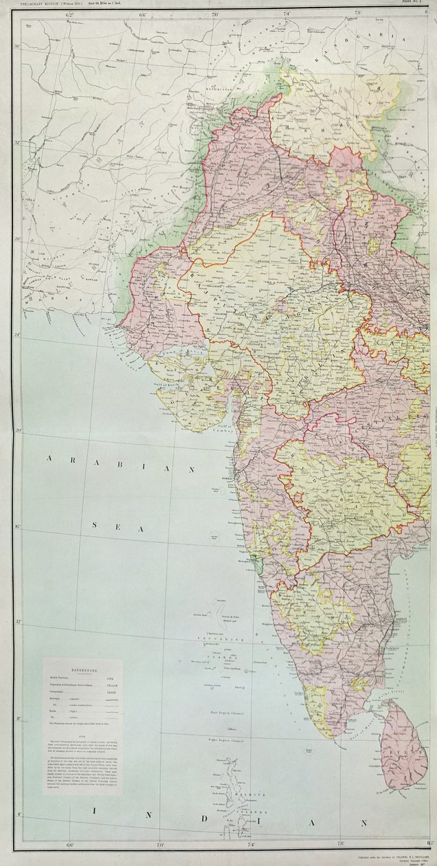 भारत का मानचित्र, कर्नल एचआर थिलियर, आरई, भारत के सर्वेयर जनरल, 1877 के निर्देशन में प्रकाशित हुआ द्वारा अंग्रेजी स्कूल