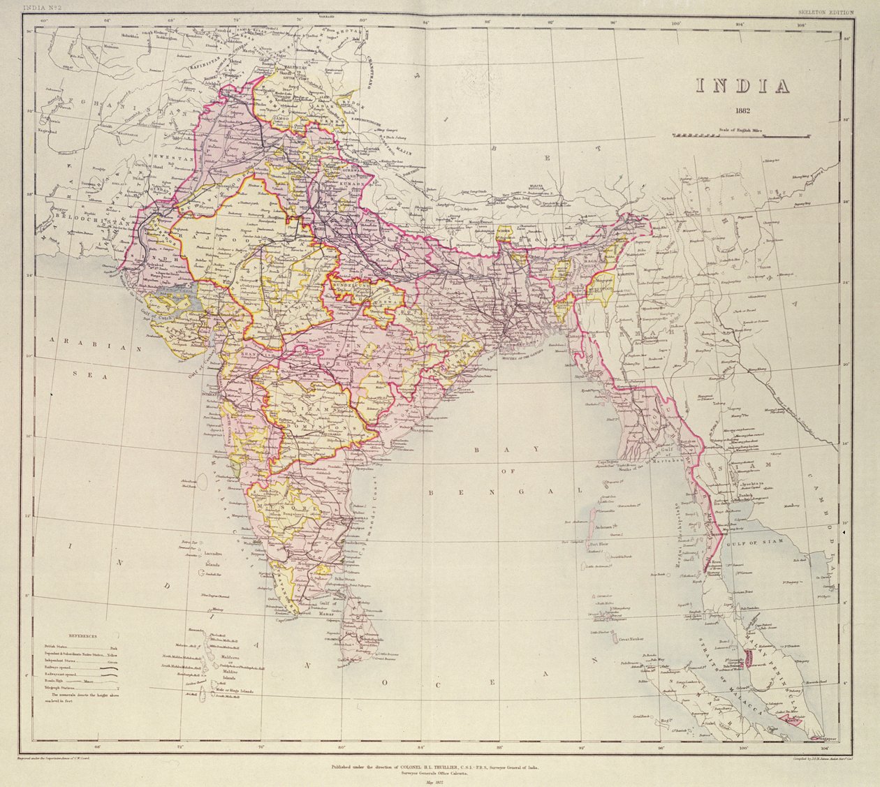 भारत का मानचित्र, कर्नल एचआर थुइलियर के निर्देशन में प्रकाशित, आरई, भारत के सर्वेयर जनरल, 1882 द्वारा अंग्रेजी स्कूल