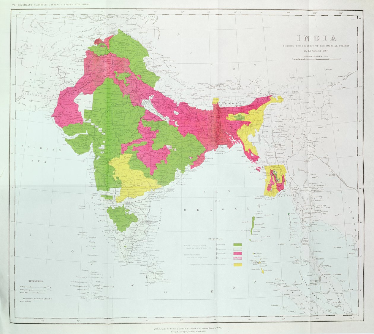 भारत का मानचित्र, इंपीरियल सर्वेक्षण की प्रगति दिखा रहा है, कर्नल एचआर थिलियर, आरई, भारत के सर्वेयर जनरल, 1888 द्वारा अंग्रेजी स्कूल
