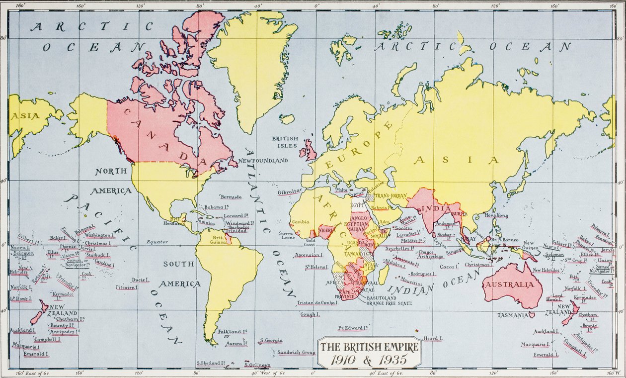 १९३५ में प्रकाशित 'द क्वीन, द लेडीज न्यूजपेपर' से 1910 और 1935 में राजा के साम्राज्य को लाल रंग में दिखाने वाला नक्शा (कलर लिथो) द्वारा अंग्रेजी स्कूल