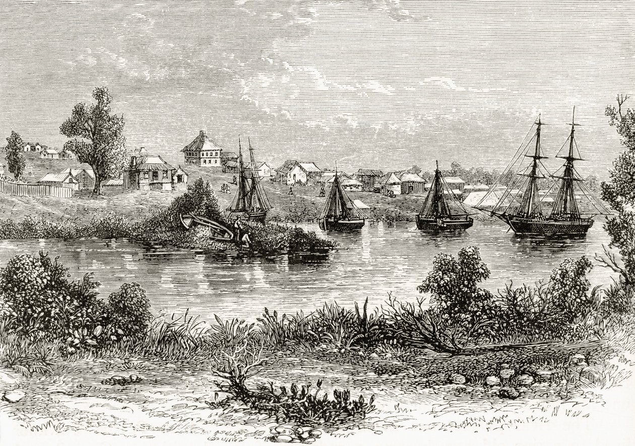 मेलबर्न, 1840, हॉवर्ड विलोबी द्वारा &39;ऑस्ट्रेलियन पिक्चर्स&39; से, धार्मिक ट्रैक्ट सोसायटी, लंदन, 1886 द्वारा प्रकाशित द्वारा अंग्रेजी स्कूल