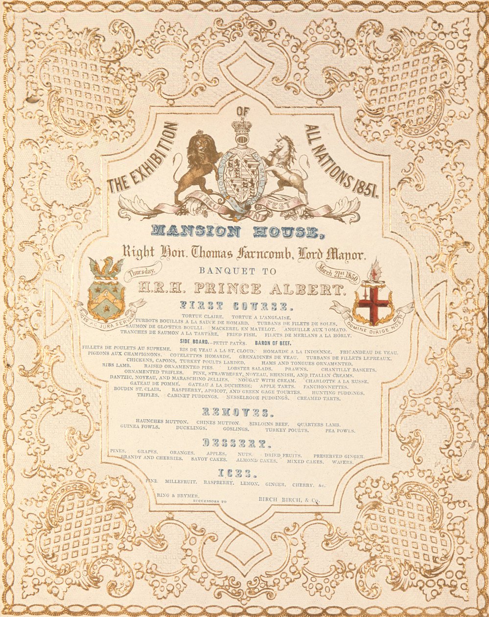 हवेली अल्बर्ट के लिए भोज का मेनू, ऑल नेशंस, लंदन, 1851 की महान प्रदर्शनी को चिह्नित करने के लिए द्वारा अंग्रेजी स्कूल