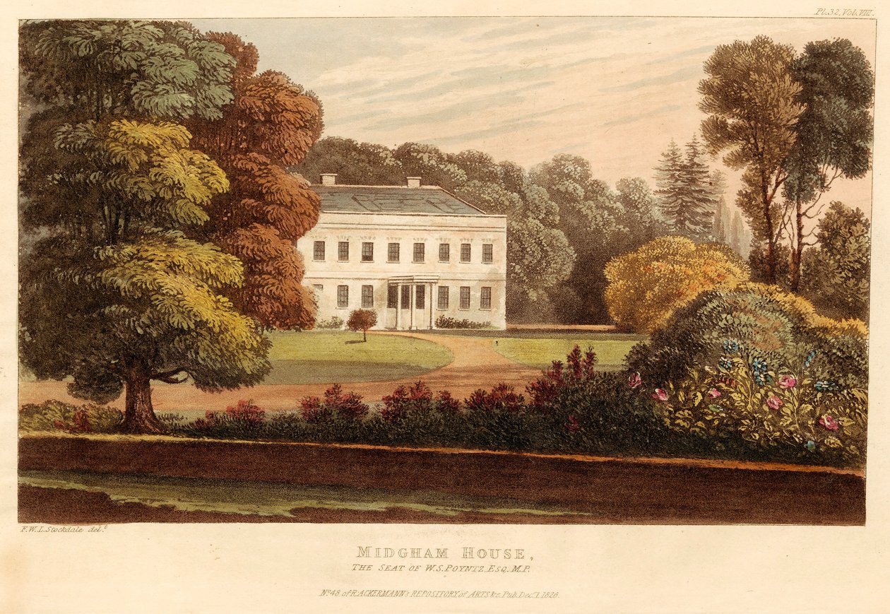 मिडघम हाउस, डब्ल्यूएस पोएंट्ज़ की सीट, एस्क।, एमपी, पब। 1826. द्वारा अंग्रेजी स्कूल