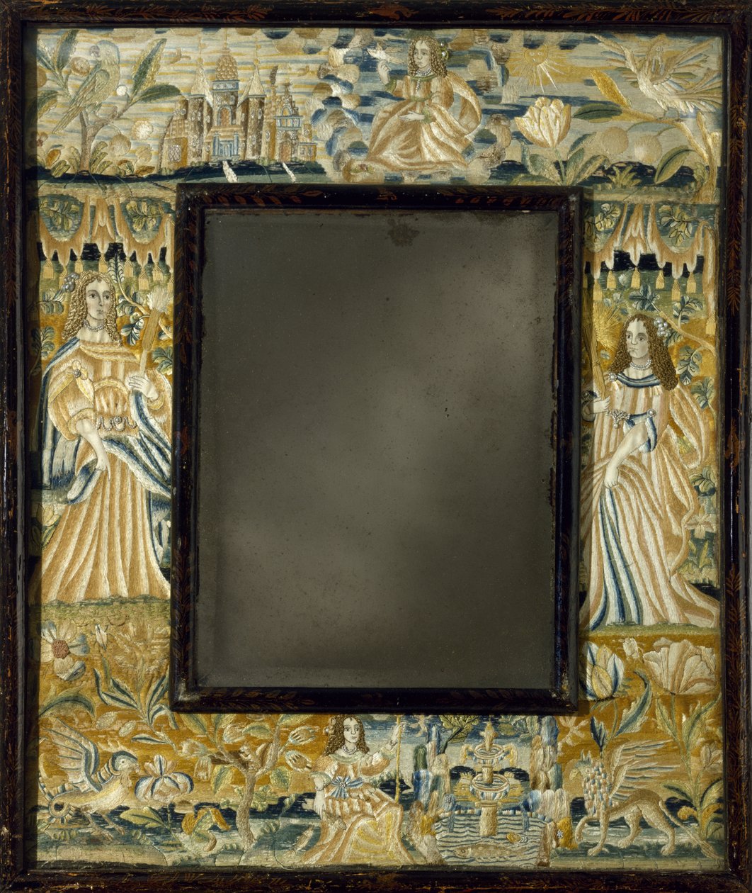 राइज़्ड-वर्क एम्ब्रायडरी वाला मिरर, c. 1650-1700 (मोती, धातु पर्ल, फीता, रेशम, लिनन, लकड़ी, कांच) द्वारा अंग्रेजी स्कूल