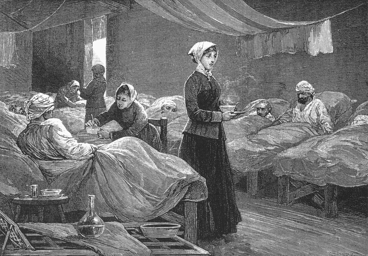 स्कटारी के बैरक अस्पताल में मिस नाइटिंगेल, c.1880 (लकड़ी की नक्काशी) द्वारा अंग्रेजी स्कूल