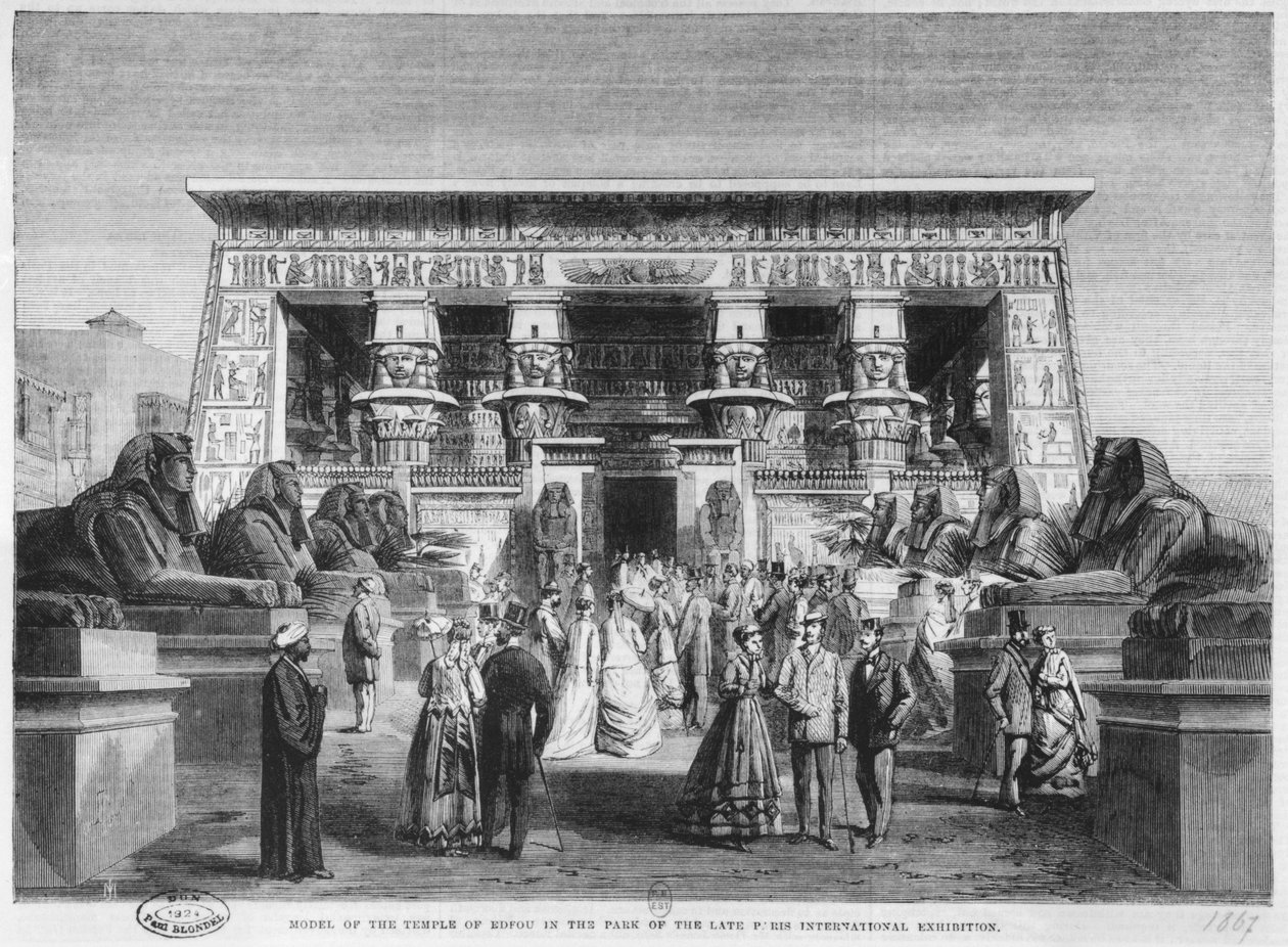 16 नवंबर 1867 को पेरिस के चैंप-डेमार्स में यूनिवर्सल प्रदर्शनी में एडफू के मंदिर का मॉडल द्वारा अंग्रेजी स्कूल
