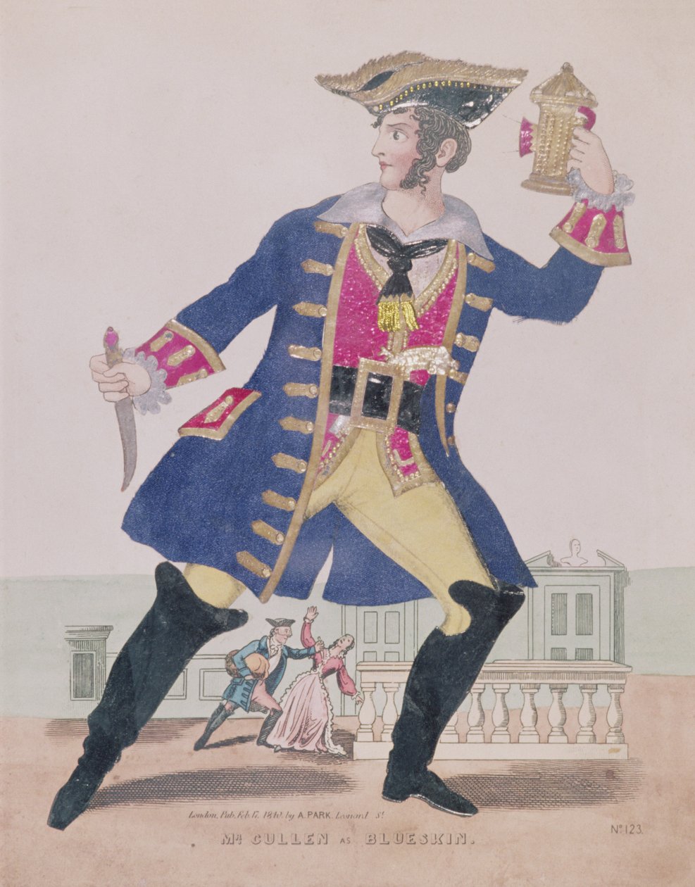 ब्लूसकिन (ब्लूबर्ड), पब की भूमिका में मि। कुलेन। 1810 (उत्कीर्णन और कोलाज) द्वारा अंग्रेजी स्कूल