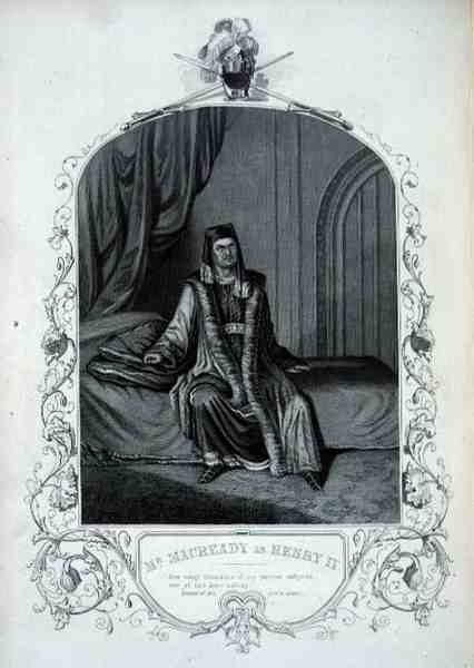 हेनरी चतुर्थ के रूप में मिस्टर मैकरेडी, विलियम शेक्सपियर (1564-1616) द्वारा हेनरी चतुर्थ में अधिनियम III दृश्य 1, (उत्कीर्णन) द्वारा अंग्रेजी स्कूल