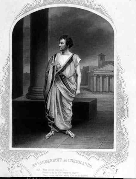 विलियम शेक्सपियर (1564-1616) के नाटक में कोरियोलानस के रूप में मिस्टर वैंडेनहॉफ (उत्कीर्णन) द्वारा अंग्रेजी स्कूल