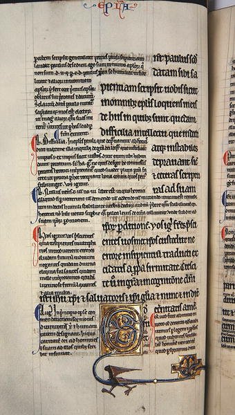 Ms.27, f.117v: न्यू टेस्टामेंट (वेल्लम) की एक चमकदार प्रति से पृष्ठ द्वारा अंग्रेजी स्कूल