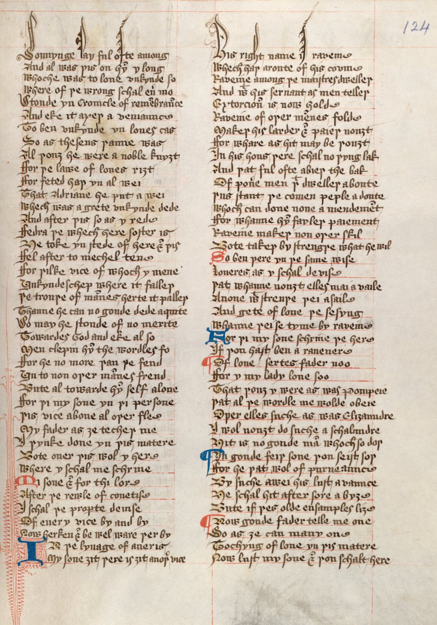Ms326 f124r, जॉन गोवर द्वारा कन्फेसियो अमैंटिस (वेल्लम पर कलम और स्याही) द्वारा अंग्रेजी स्कूल