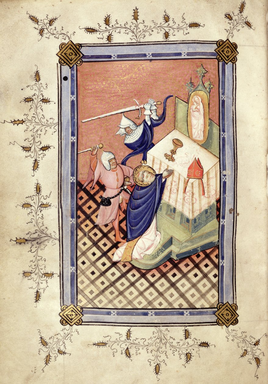 Ms.49 f.18v सेंट थॉमस ऑफ़ कैंटरबरी (c.1118-70) दो शूरवीरों, होराए, c.1420-30 द्वारा हमला द्वारा अंग्रेजी स्कूल