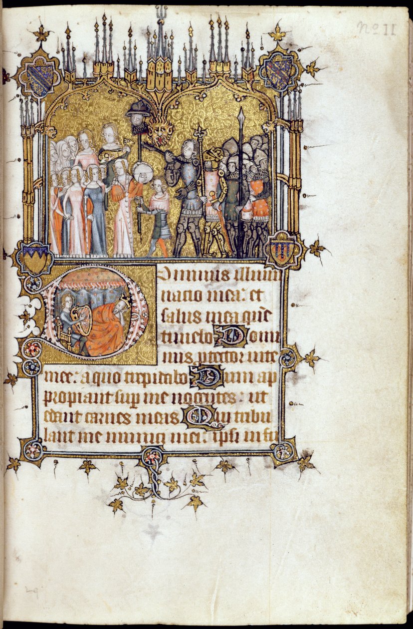 सुश्री 38-1950, f.29r: एक जुलूस के सिर पर डेविड, बोहॉन Psalter से गॉलथ्स के सिर को लादकर, c.1370 द्वारा अंग्रेजी स्कूल