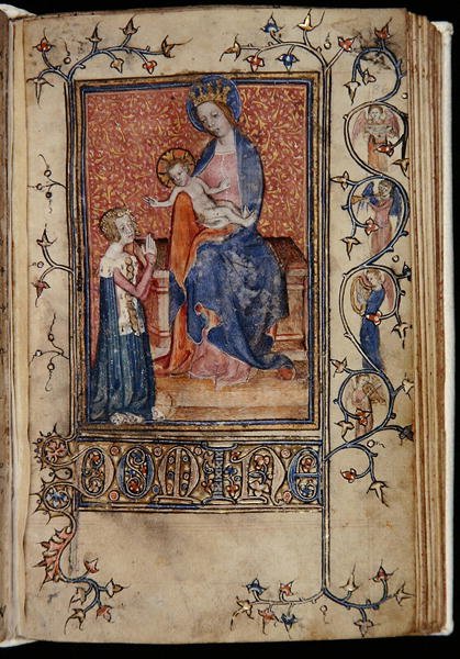 Ms 48, f.86r: पाण्डुलिपि का स्वामी वर्जिन एंड चाइल्ड के लिए प्रार्थना कर रहा है, कैरव-पोयन्ज़ ऑवर्स, यूज़ ऑफ़ सरुम से, c.1390-1400 (वेल्लम) द्वारा अंग्रेजी स्कूल