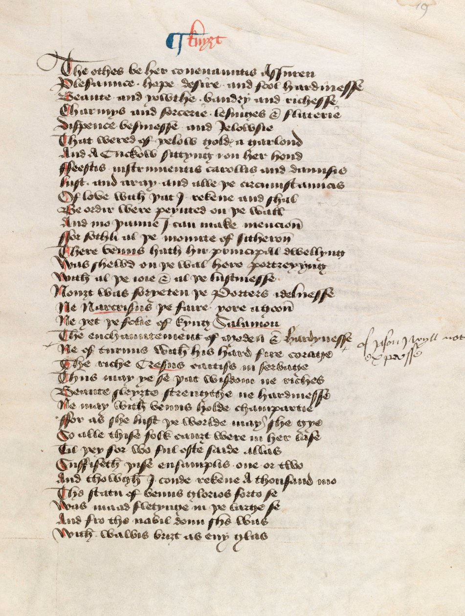 सुश्री न्यू कोल 314, f19r, द कैंटरबरी टेल्स बाय जेफ्री चौसर (कलम और स्याही पर वेल्लम) द्वारा अंग्रेजी स्कूल