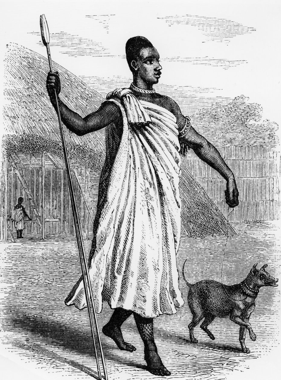 1863 में प्रकाशित, जॉन हैनिंग स्पेक द्वारा &39;द डिस्कवरी ऑफ द नाइल ऑफ द सोर्स ऑफ द नाइल&39; का चित्रण बुगंदा का म्यूटेसा I द्वारा अंग्रेजी स्कूल