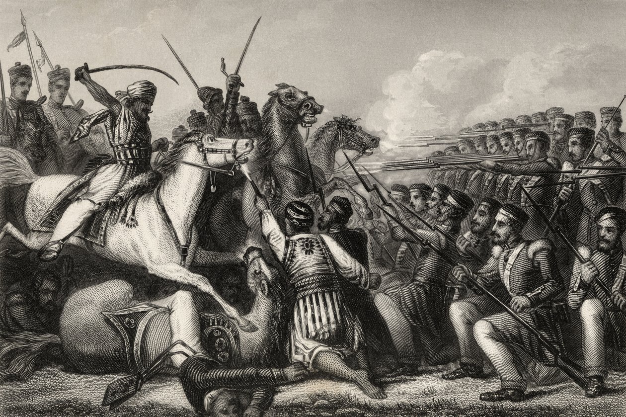 1857 में प्रकाशित &39;द हिस्ट्री ऑफ द इंडियन म्यूटिनी&39; से 1857 में मुथिनर घुड़सवार सेना ने कावपोर की लड़ाई में पैदल सेना के एक चौक पर हमला किया द्वारा अंग्रेजी स्कूल