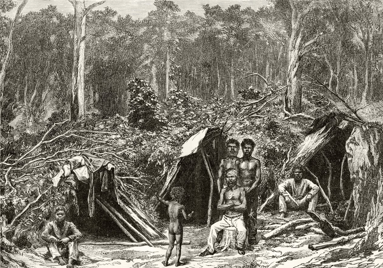 नेटिव एबोरिगिनी एग्जीबिशन, c.1880, हावर्ड विलोबी द्वारा &39;ऑस्ट्रेलियन पिक्चर्स&39; से, धार्मिक ट्रैक्ट सोसायटी, लंदन, 1886 द्वारा प्रकाशित द्वारा अंग्रेजी स्कूल