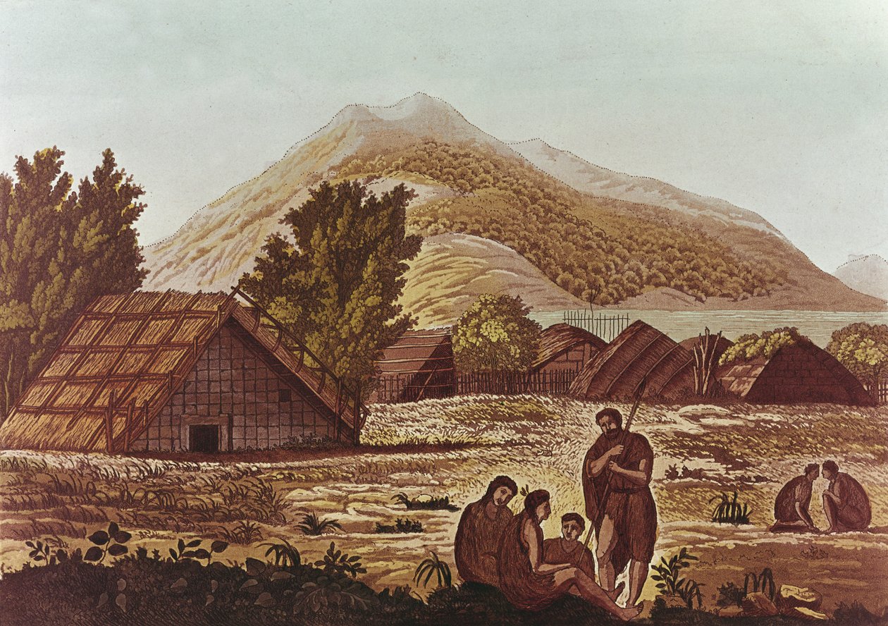 Huts और पहाड़ों के पीछे मूल निवासी, F. Fumagalli (रंग उत्कीर्णन) द्वारा उत्कीर्ण द्वारा अंग्रेजी स्कूल